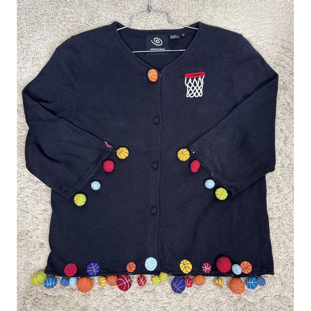 Michael Simon Event Black Basketball Embellished Novelty Cardigan Sweater Sz XL